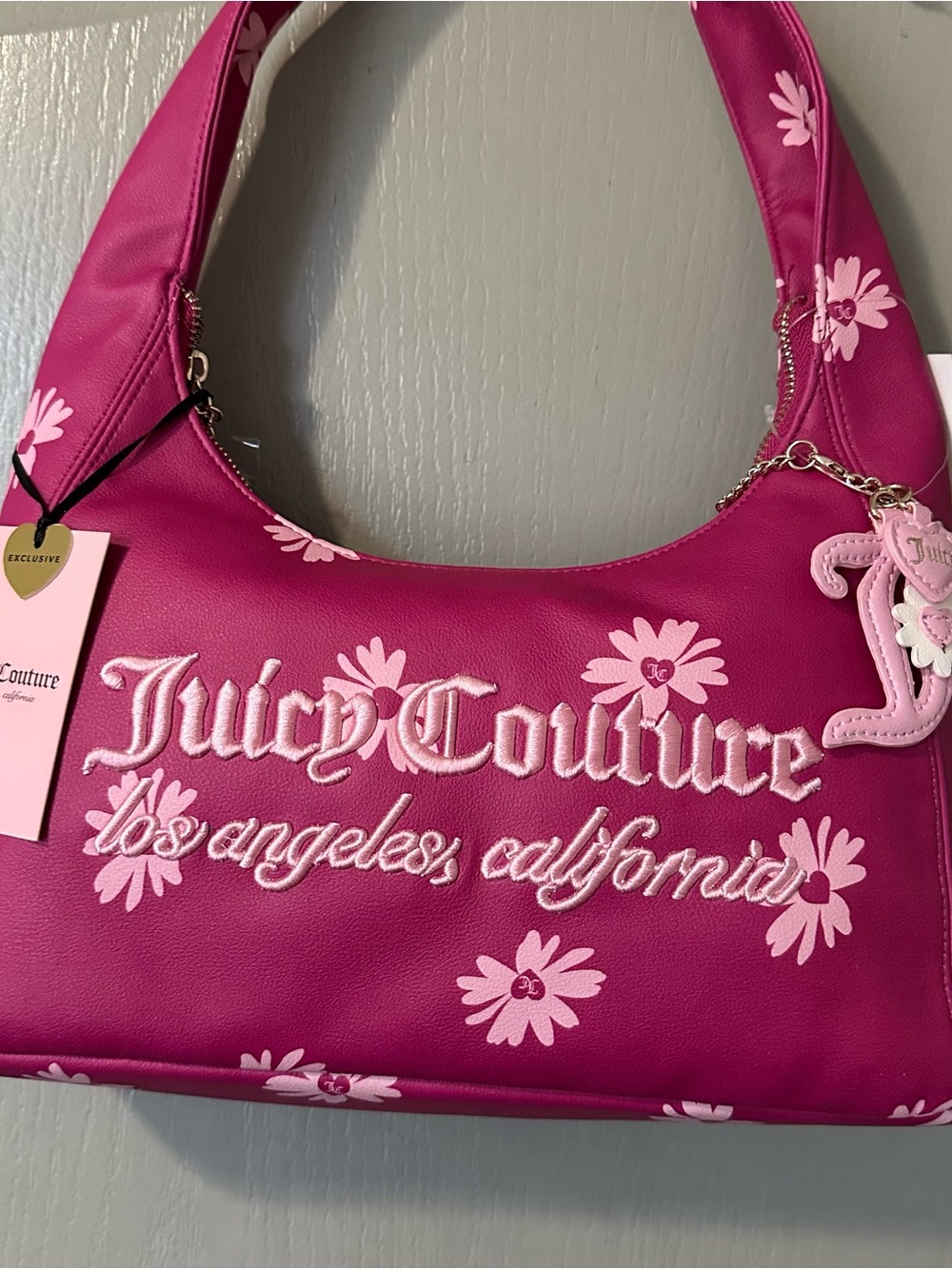 Juicy Couture Fuchsia Pink Floral Embroidered Shoulder Bag NEW